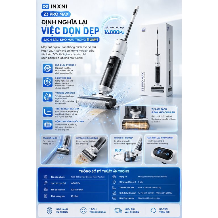 Máy hút bụi + lau nhà hãng INXNI Z3 Promax (bản quốc tế)