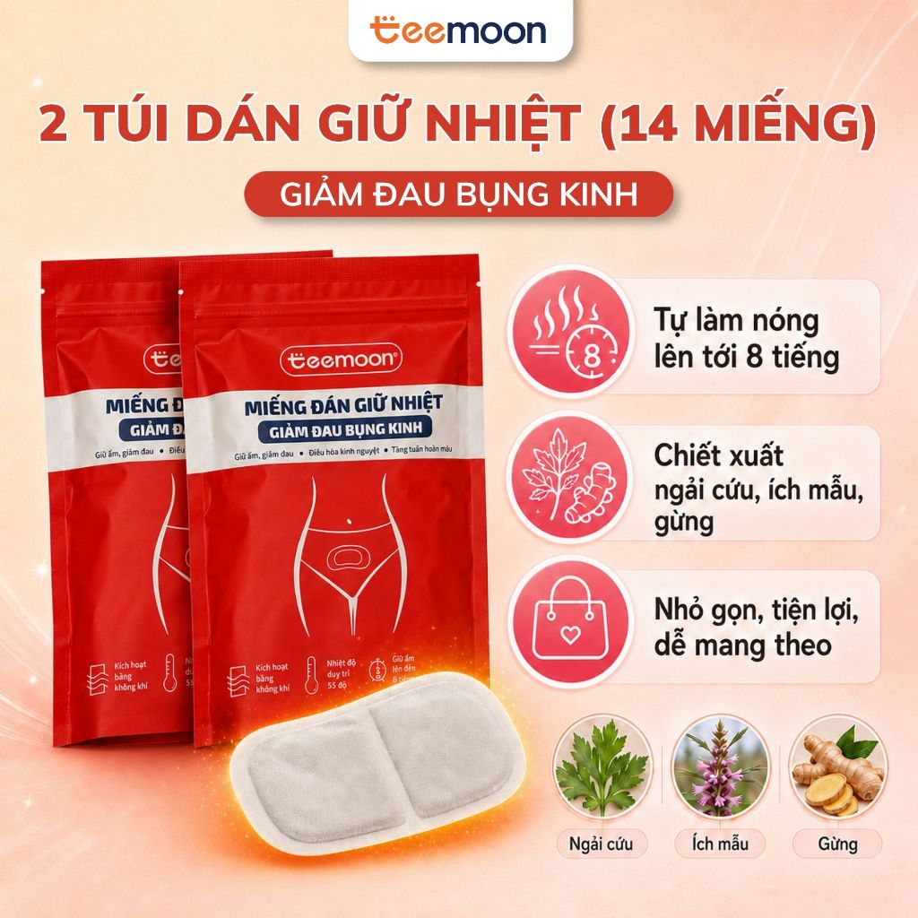 Combo 2 Túi Miếng Dán Giữ Nhiệt Giảm Đau Bụng Kinh Teemoon (14 miếng) - Giữ Nhiệt 8 Tiếng