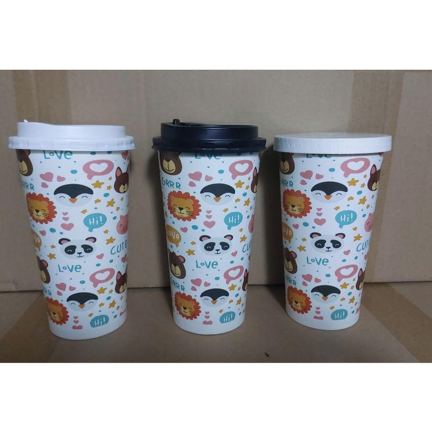 Ly giấy 22oz - 650ml mẫu Gấu Con, Set 25-50 cái kèm nắp