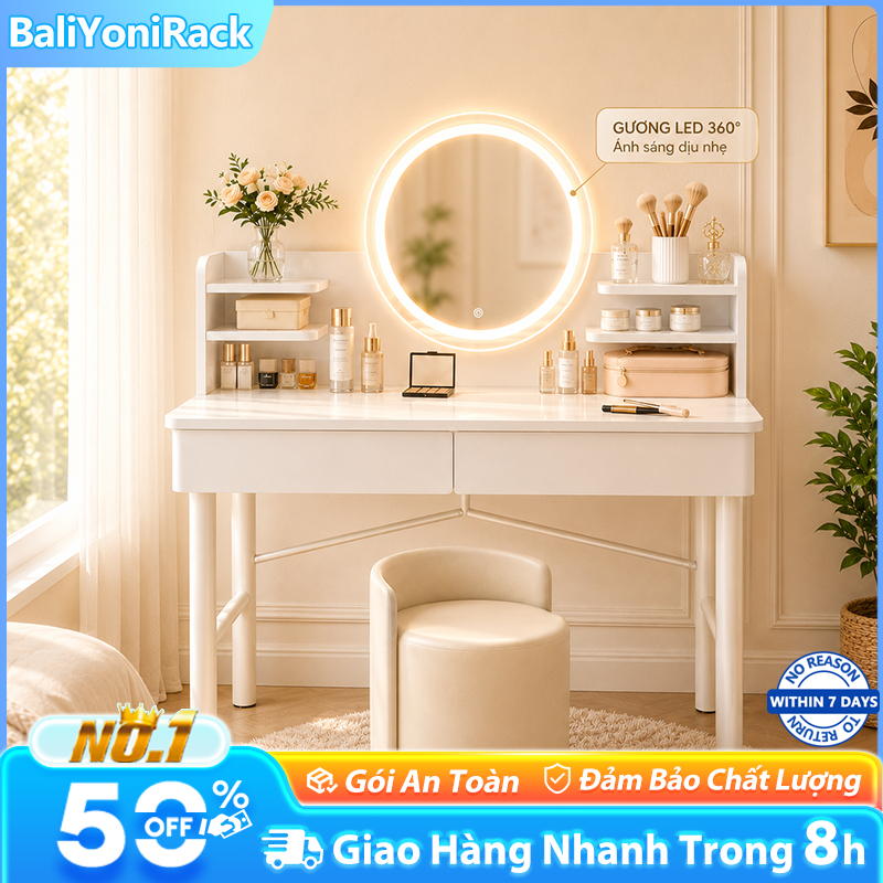Bali Bàn Trang Điểm Gương LED Bàn Makeup Đa Năng Có Ngăn Kéo Kệ Lưu Trữ Cho Phòng Ngủ