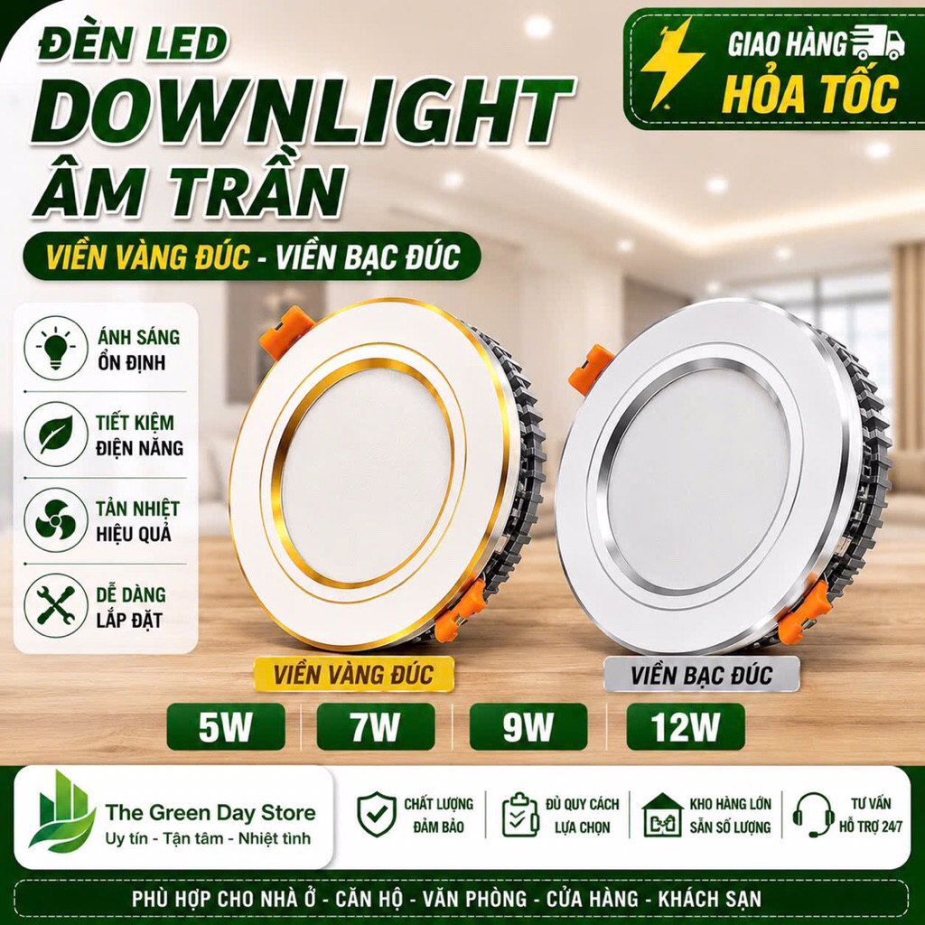 ĐÈN LED DOWLIGHT ÂM TRẦN VIỀN VÀNG / VIỀN BẠC ĐÚC 5W 7W 9W 12W - 3 MÀU ÁNH SÁNG 3000K 4000K 6500k