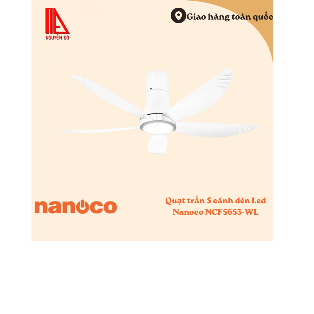 Quạt trần 5 cánh Nanoco NCF5653-WL tích hợp đèn LED với 3 chế độ ánh sáng, điều khiển bằng remote
