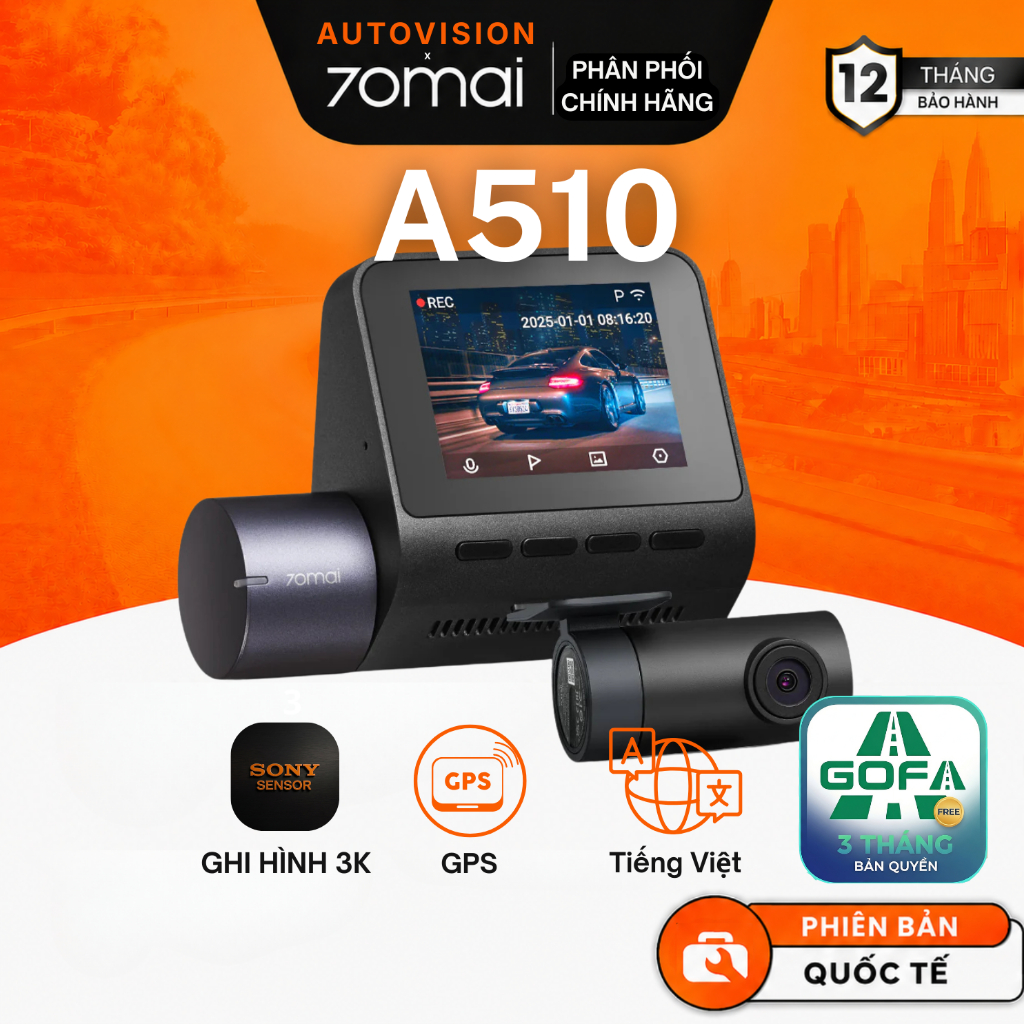Camera hành trình 70mai A510 [TẶNG GOFA 3 THÁNG] - Bản quốc tế, hỗ trợ Tiếng Việt, BH12 tháng