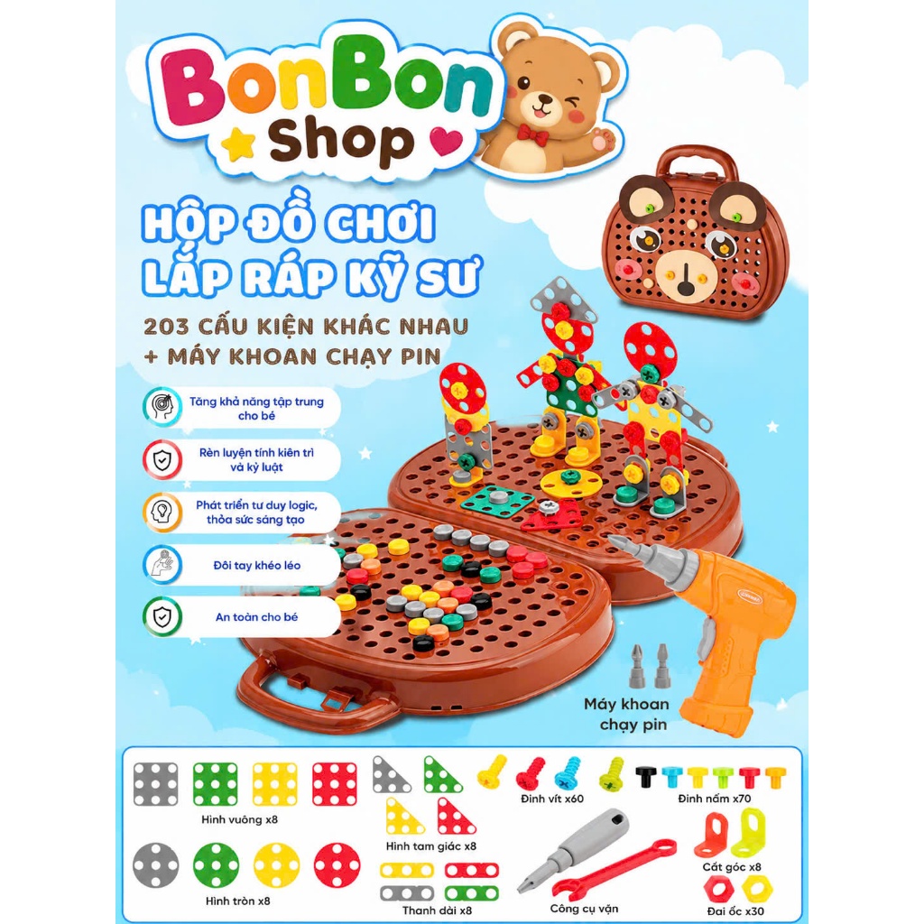 Vali Đồ Chơi Kỹ Sư Lắp Ráp- Đồ chơi lego vặn ốc vít - Bản Cao Cấp  Có Khoan Điện
