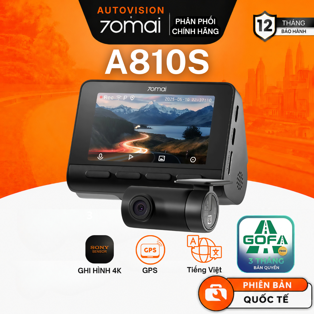 Camera hành trình 70mai A810S ghi hình 4K HDR [TẶNG GOFA 3 THÁNG] - Bản quốc tế - Hỗ trợ Tiếng Việt