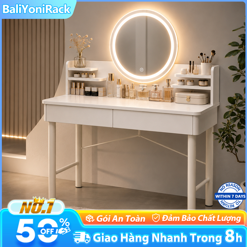 Bali Bàn Trang Điểm Gương LED Bàn Làm Việc Đa Năng Có Ngăn Kéo Kệ Lưu Trữ Cho Phòng Ngủ