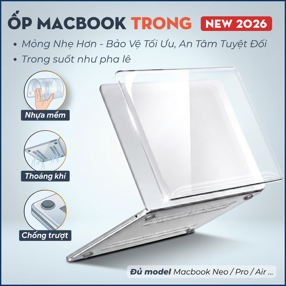 Ốp MacBook Trong Suốt Air M1 M2 M3 M4 M5 Neo, Pro 13 14 16 Inch - Case Nhựa Mềm, Chống Xước Thẩm Mỹ Cao