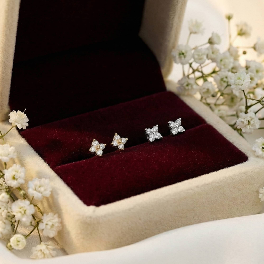 Khuyên tai bạc đính đá cỏ bốn lá ChicEar Jewelry, Hoa tai Bạc cỏ 4 lá may mắn gắn đá nhỏ xinh sang t