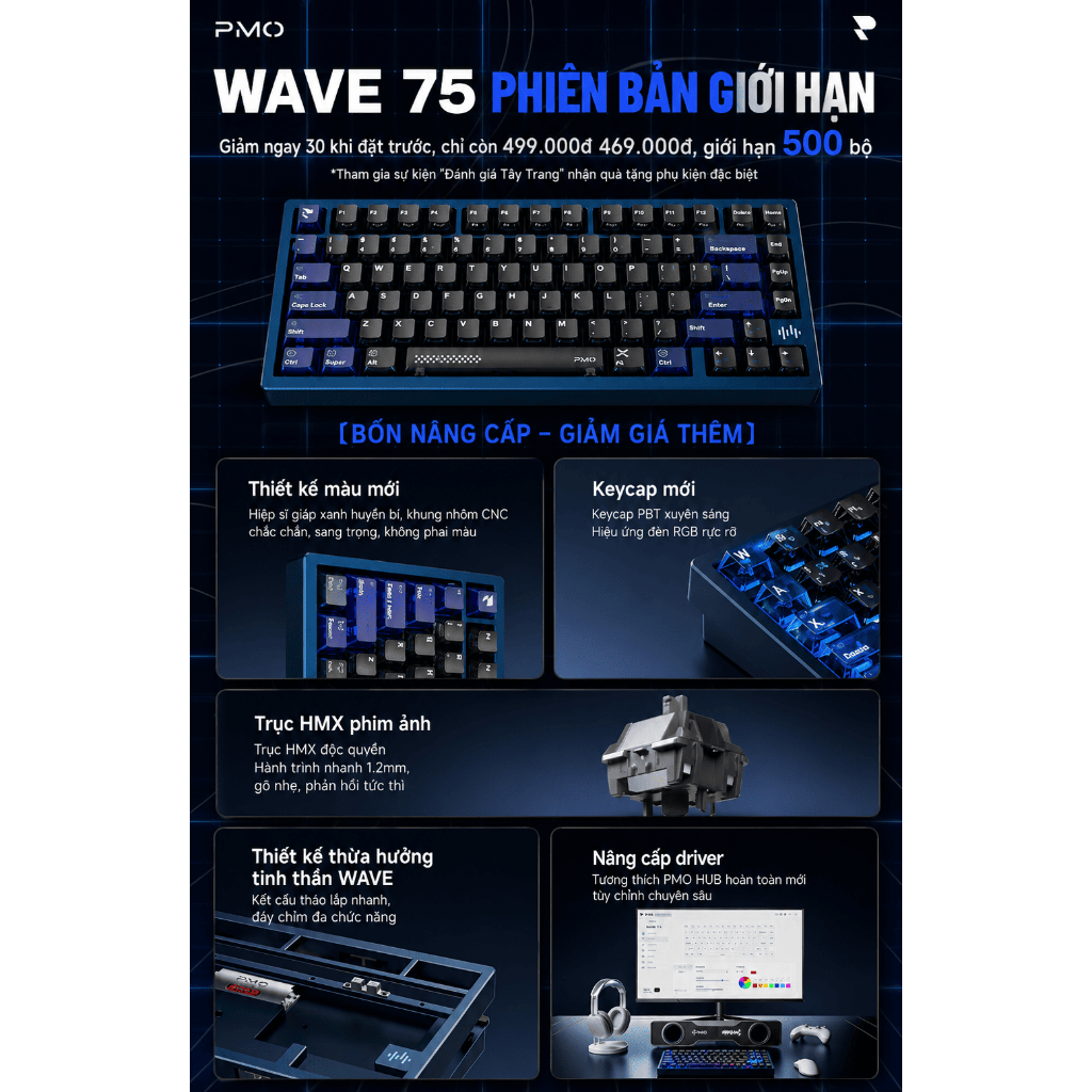 [CHÍNH HÃNG - FULL VAT] Bàn Phím Cơ PMO WAVE 75 Storm Blue Limited | Pin 8000mAh | HMX Jueying Silver | BigBuy360 - bigbuy360.vn