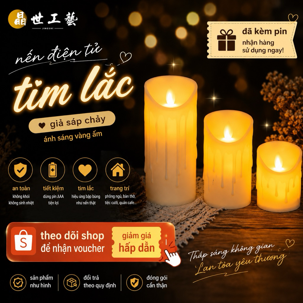 Nến Điện Tử Tim Lắc Đèn Led Candel Kiểu Sáp Chảy Đèn Cầy Pin AAA Trang Trí Sinh Nhật Decor Phòng Ngủ