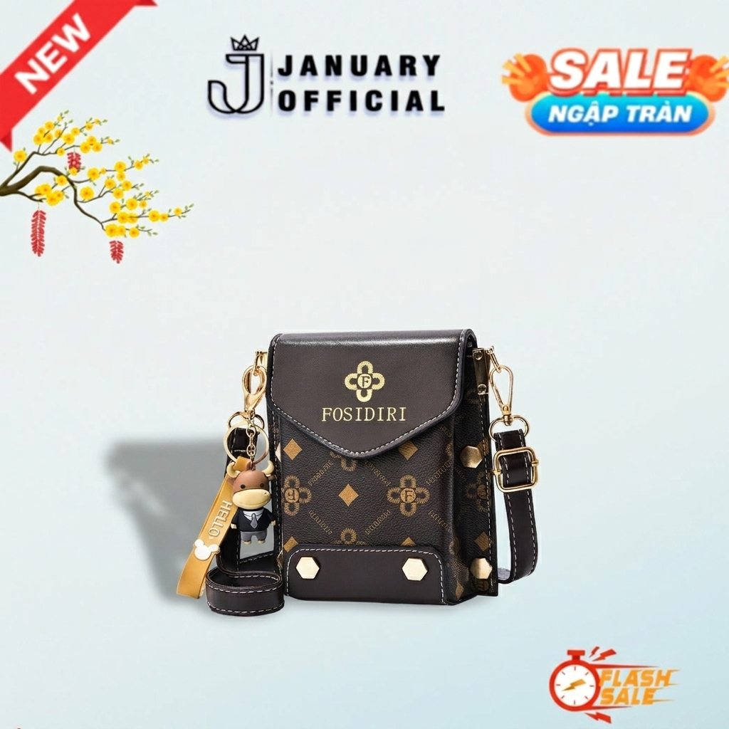 Túi đeo chéo cỡ nhỏ January Official sang trọng đựng điện thoại dáng dọc phối hoa văn nhiều ngăn tiệ