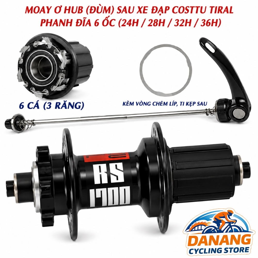 Moay Ơ (Đùm Hub) Sau Xe Đạp Costtu Tiral 24/28/32/36 Lỗ - Phanh Đĩa 6 Ốc, Cối Nổ To