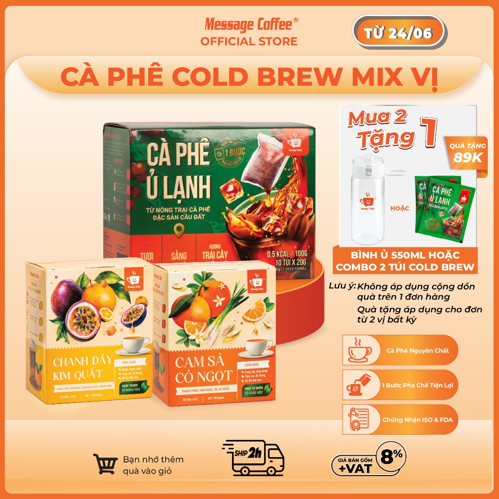 Cà phê Ủ Lạnh Cold Brew túi lọc Arabica Cầu Đất mix vị, cafe tiện lợi một bước pha chế từ Message Co