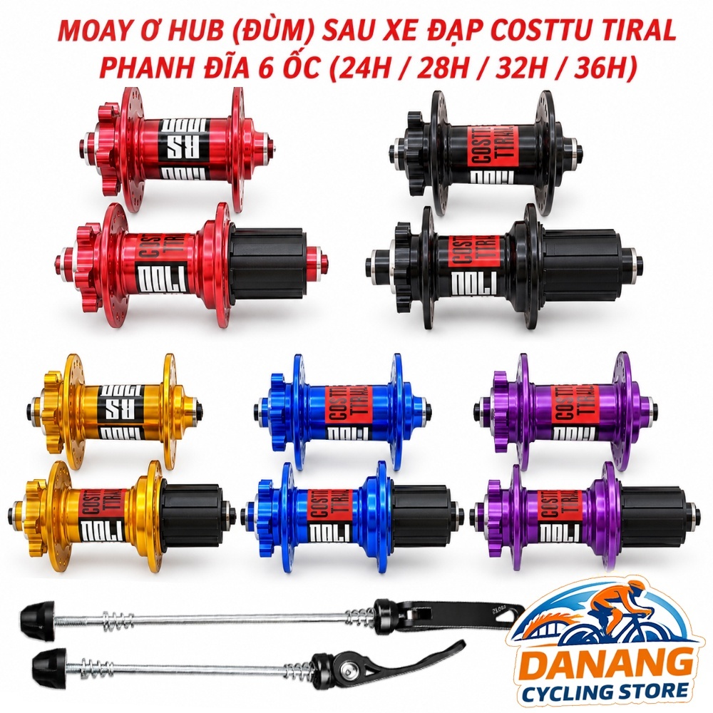 Bộ Moay Ơ (Đùm Hub) Xe Đạp Costtu Tiral 24/28/32/36 Lỗ - Phanh Đĩa 6 Ốc, Cối Nổ To