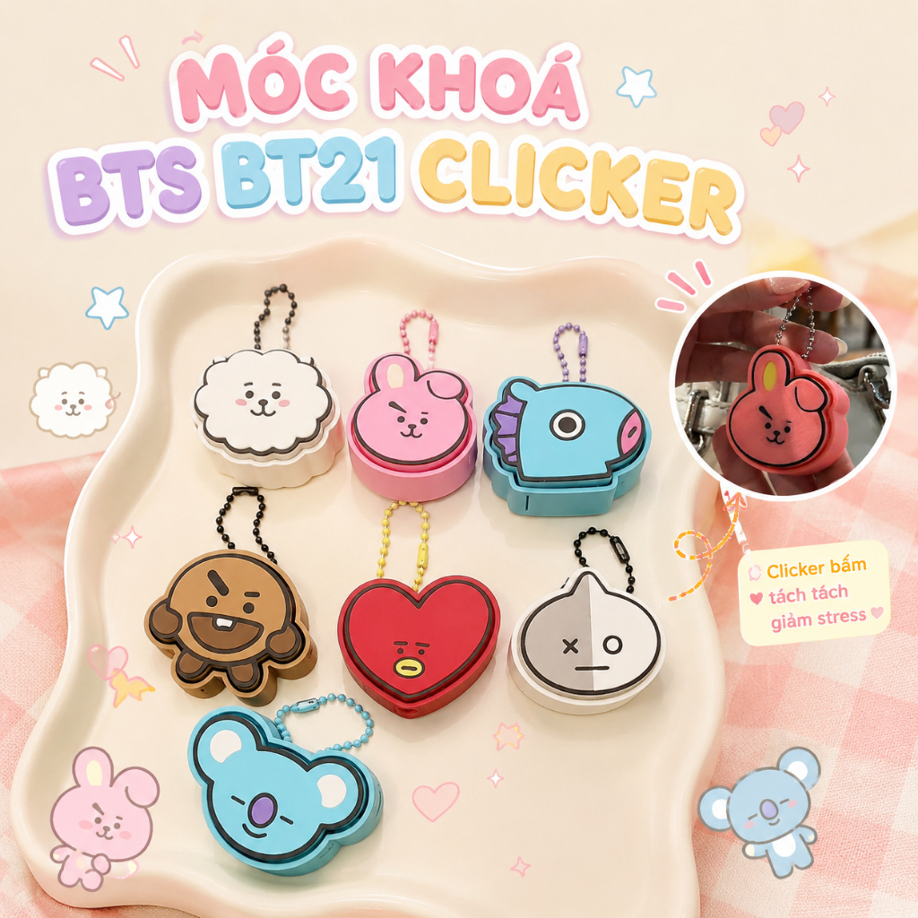 BONNIE - MÓC KHOÁ BTS BT21 CLICKER - MÓC KHOÁ CLICKER DỄ THƯƠNG - ĐỒ CHƠI XÃ STRESS CÓ NÚT BẤM