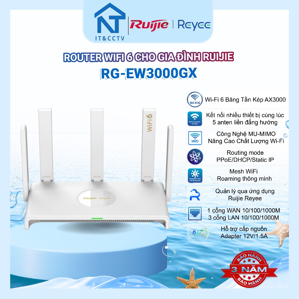 Router WiFi 6 Ruijie Reyee RG-EW3000GX AX3000 – Bộ Định Tuyến Gigabit WAN Kép, Mesh, Tốc Độ 3000Mbps