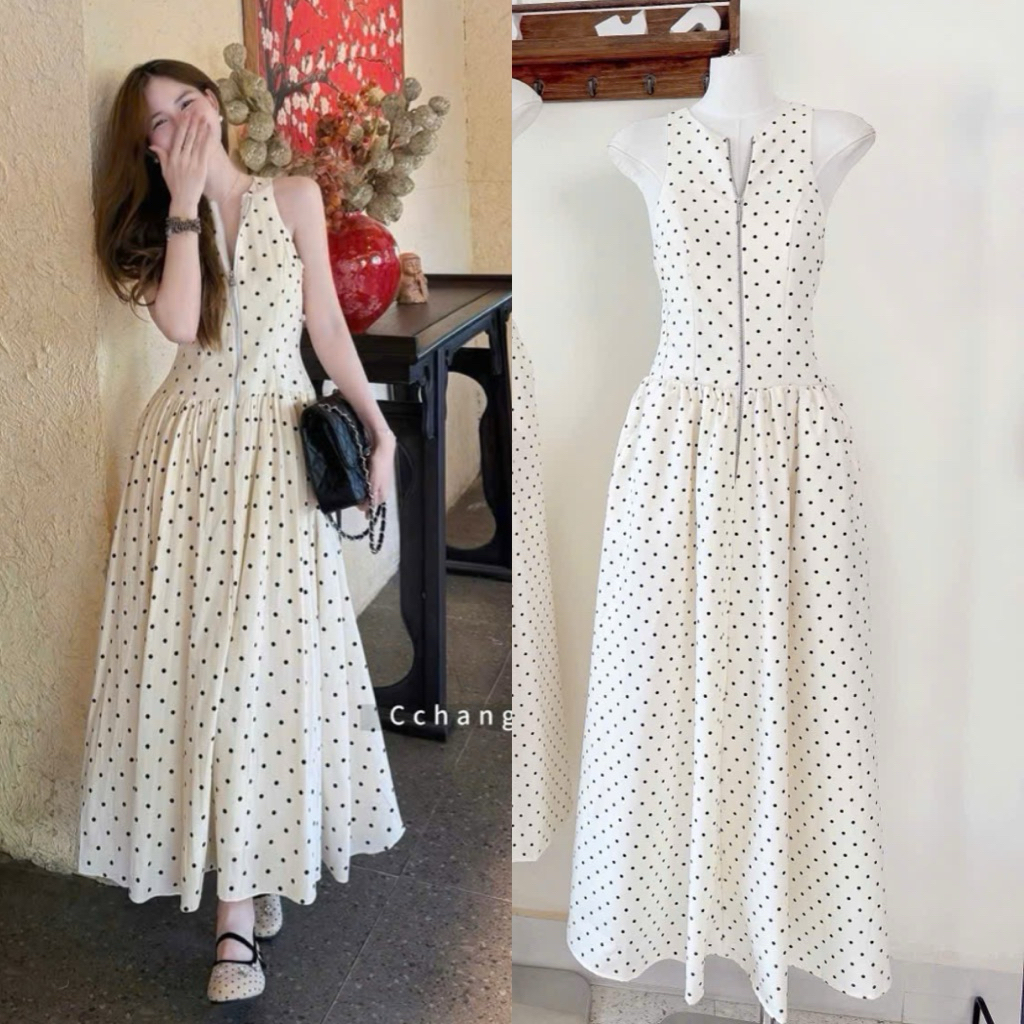 Đầm maxi chấm bi tùng xoè khoá kéo trước không tay HT818, kèm hình thật sp