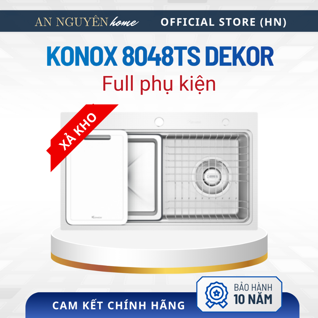 [Giảm 50%] Chậu 1 hố chống xước Konox KN8048TS Dekor bát rác lệch