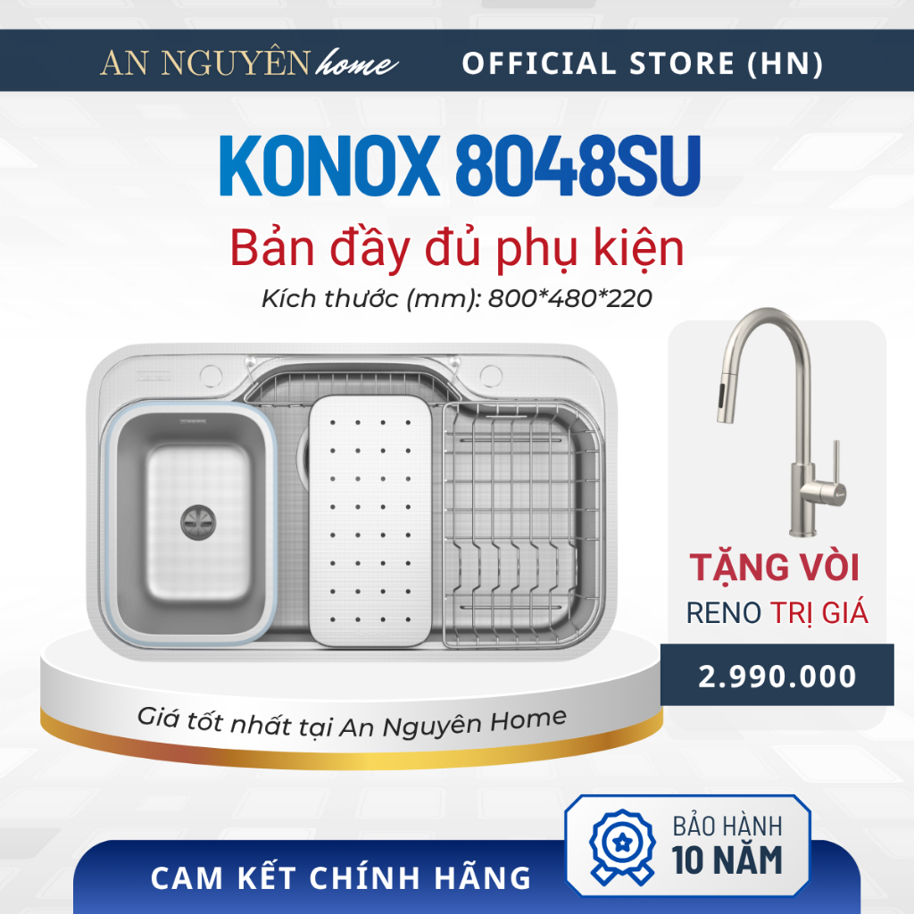 [Mới ] Chậu Konox Dekor 8048SU chậu 1 hố chống xước Konox mới nhất 2026 + Vòi