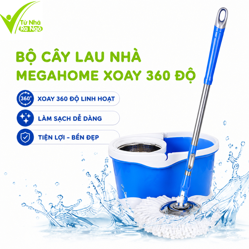 Bộ Lau Nhà MegaHome X3 Lồng Vắt Inox 360 Độ GD10 - Cây Lau Nhà MegaHome Cán Inox Chắc Chắn