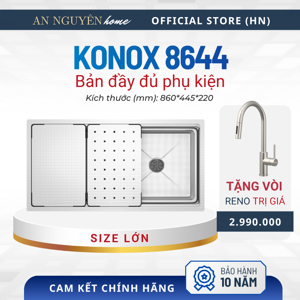Chậu rửa bát 1 hố chống xước Konox KN8644SU Dekor + vòi Konox Reno