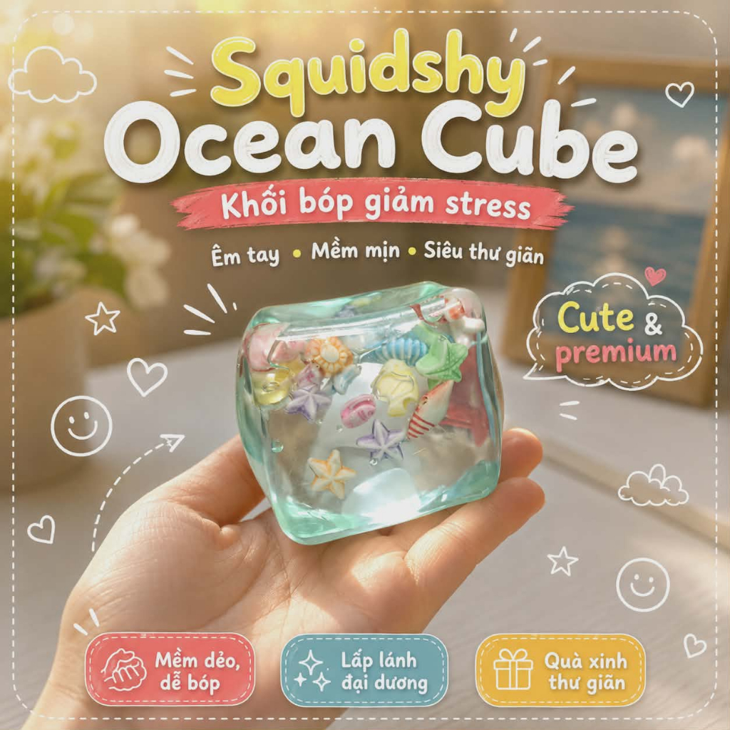 Đồ Chơi Squidshy Ocean Cube Bóp Giảm Stress- Stress Ball Siêu Rắn ,Khối Bóp Chậm Tăng Thư Giãn