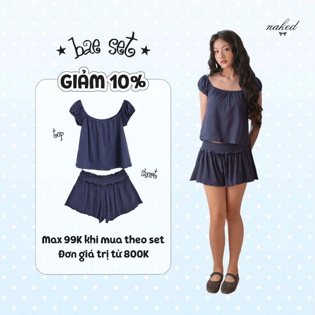 Áo ngắn tay và quần đùi chun NAKEDbyV Set đồ cotton mềm năng động - Bae Top & Shorts