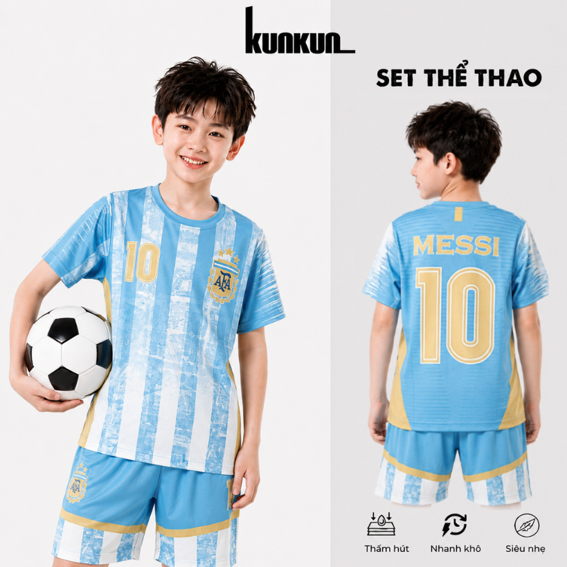 Đồ Bộ Thể Thao Bé Trai In 3D Cầu Thủ Messi số 10 – Đá Banh, Bóng Rổ TP1290-1292 | KunKun Kids