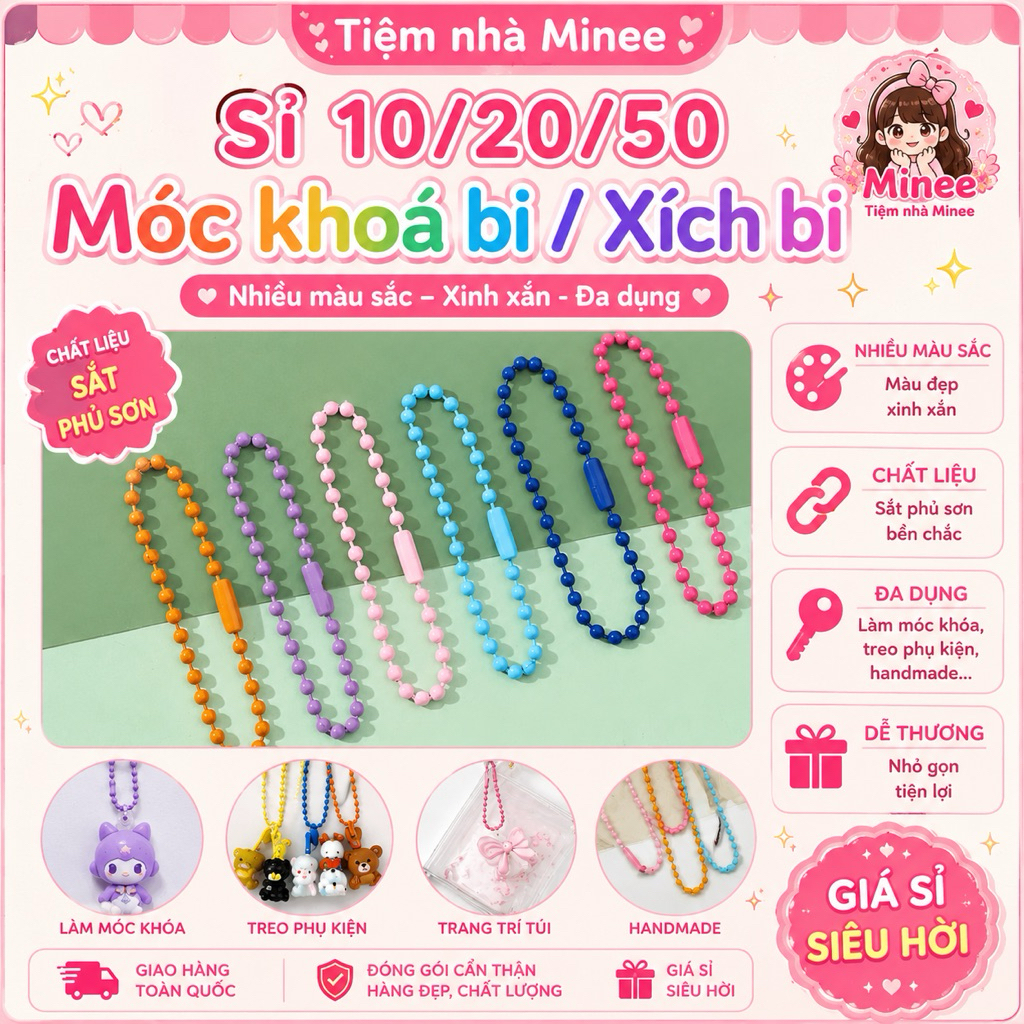 (loại 10cm) set 10/20/50 dây móc khoá bi dài 10cm dùng làm đồ handmade, diy (mua 50 tặng 5)
