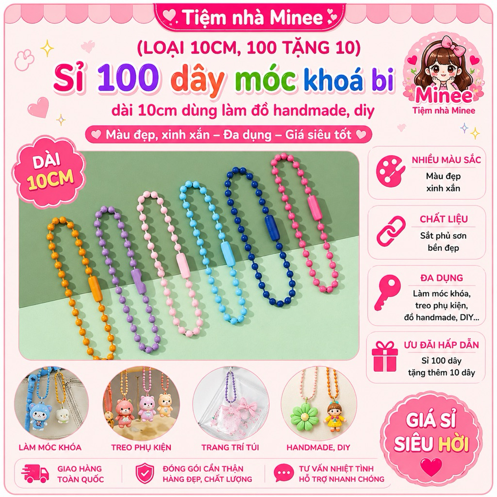 (loại 10cm, 100 tặng 10) sỉ 100 dây móc khoá bi dài 10cm  dùng làm đồ handmade, diy