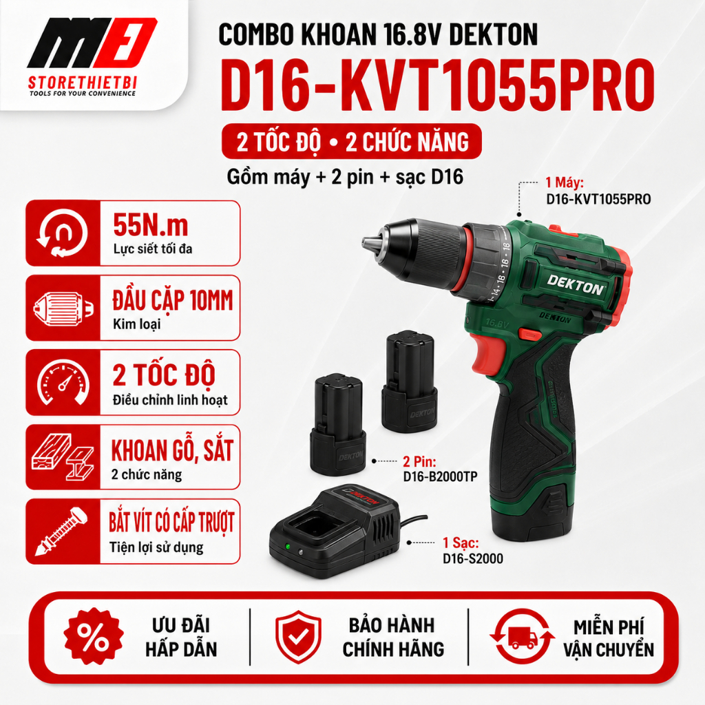 Bộ Máy Khoan Pin Dekton D16-KVT1055PRO Dùng Khoan Gỗ Sắt Và Bắt Vít Kèm 2 Pin D16-B2000TPVà Sạc D16-