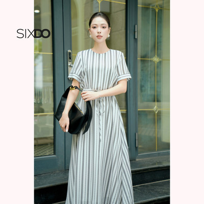 Đầm dáng xòe dài cổ tròn ngắn tay rút dây eo SIXDO (Woven Flared Dress)