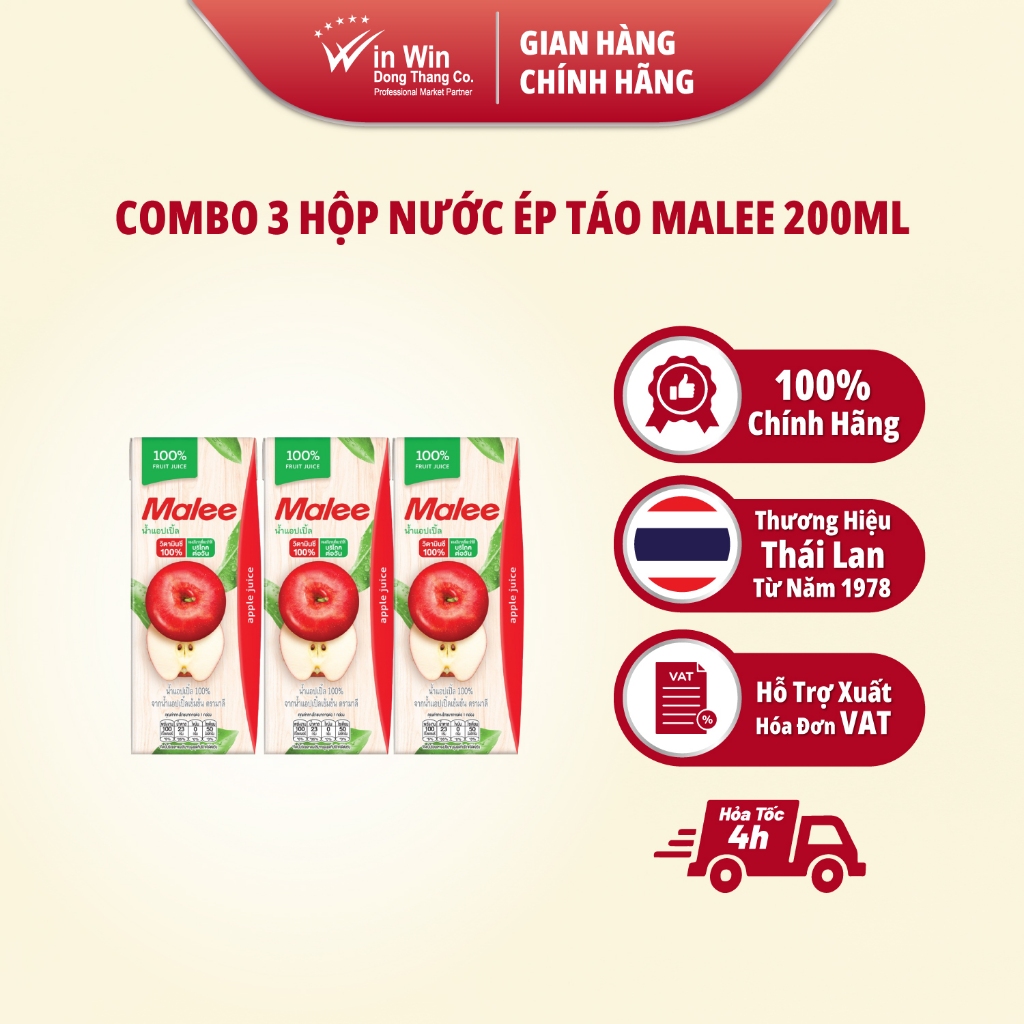 Combo 3 Hộp Nước Ép Táo Malee 200ml - Nhập Khẩu Thái Lan | Malee 100% Apple Juice 200ml