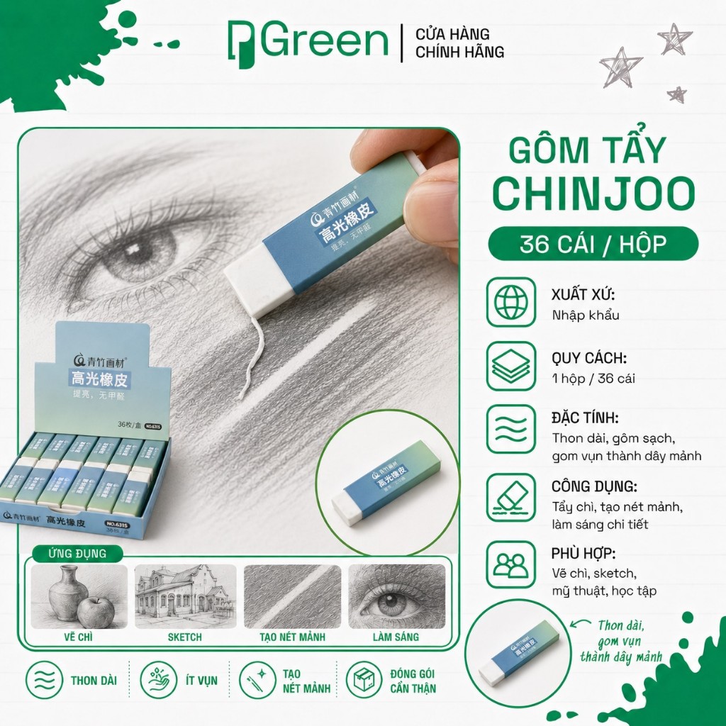 Gôm Tẩy Chinjoo – Gôm Mềm Cao Cấp, Tẩy Sạch Không Rách Giấy, Ít Vụn Cho Học Sinh & Mỹ Thuật | PGREEN