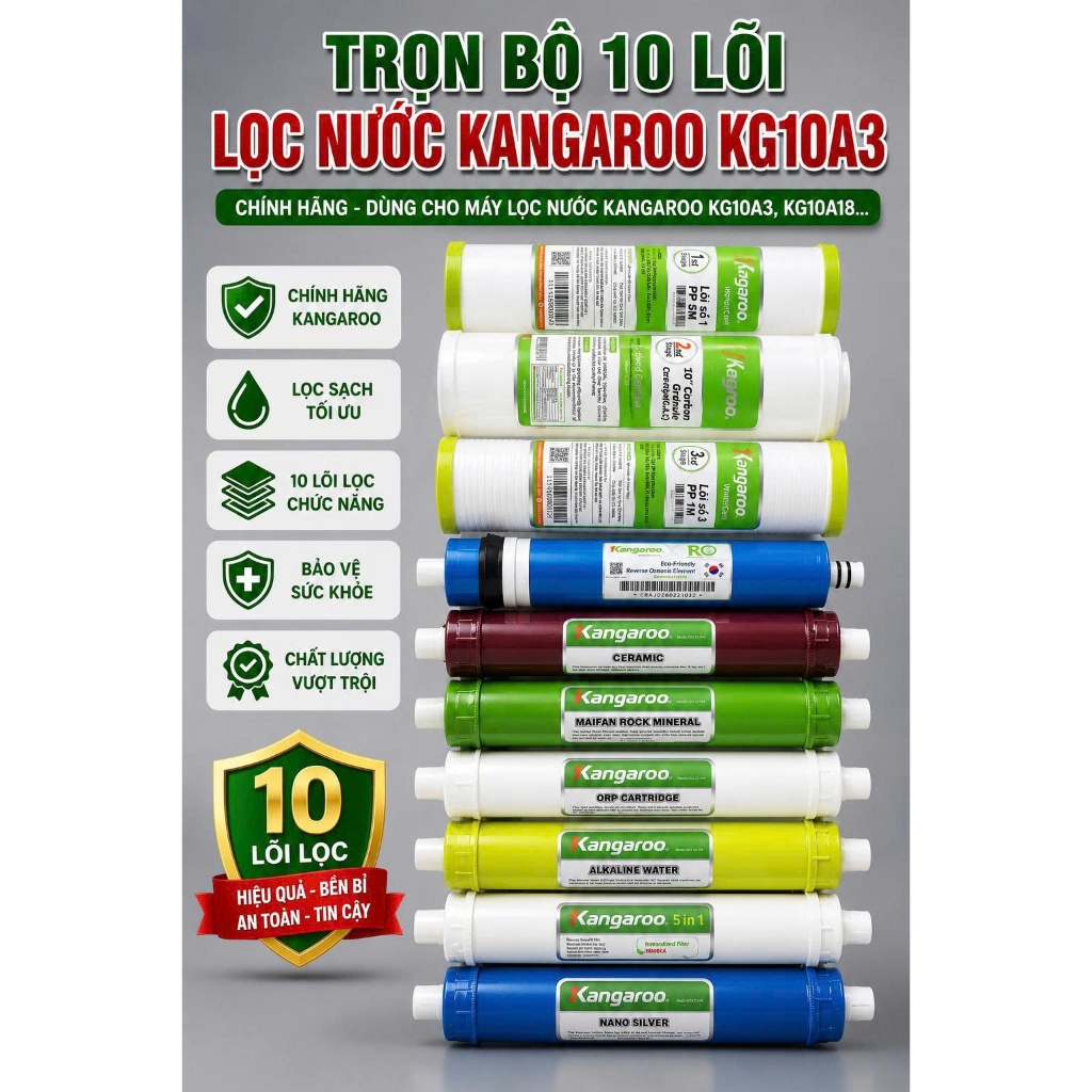 Trọn Bộ 10 Lõi Lọc Nước Kangaroo Kg10a3 Chính Hãng - Dùng Cho Máy Lọc Nước Kangaroo Kg10a3, Kg10a18…
