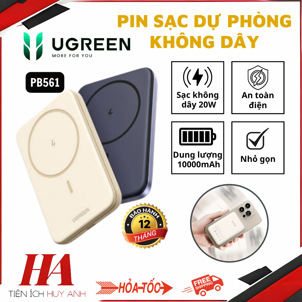 Pin Sạc dự phòng không dây Ugreen 10000mAh PB561 - USB-C Hổ trợ PD 20W, không dây 15W