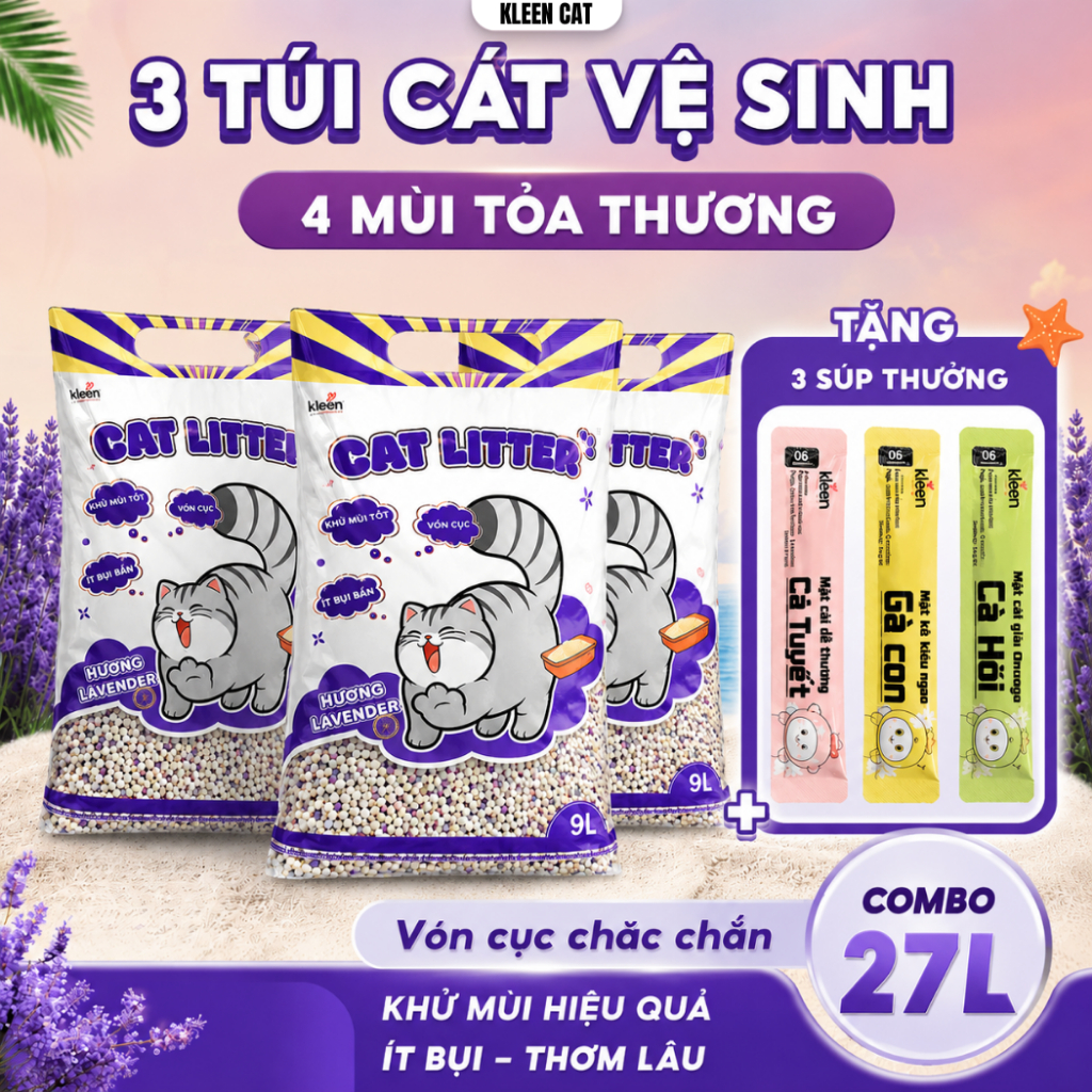 [TẶNG SÚP] Combo 3 túi Cát Mèo Kleen Vón Cục Tốt, Cát Vệ Sinh Mèo Kleen 9l - kleencat2