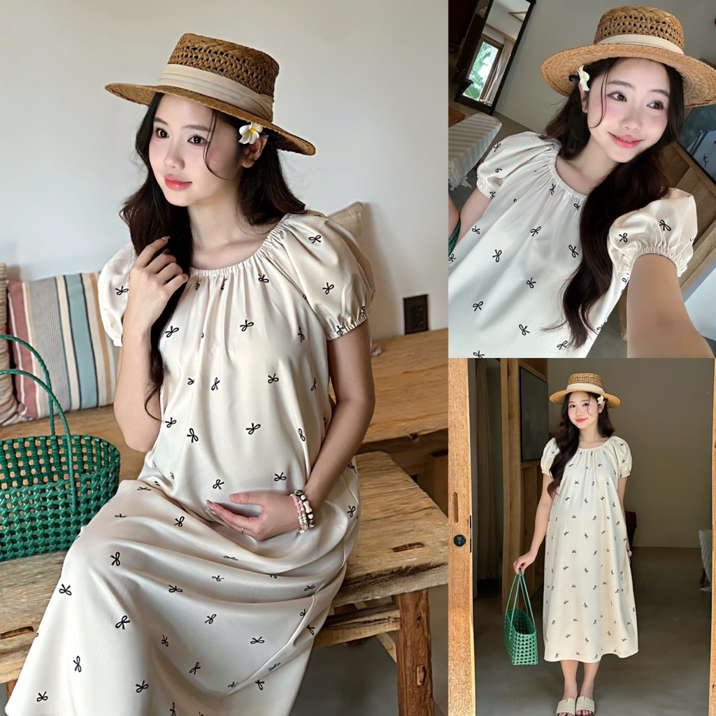 EVERMOM l Đầm bầu Mary nơ tay bí form dài basic cho mẹ mang bầu và sau sinh