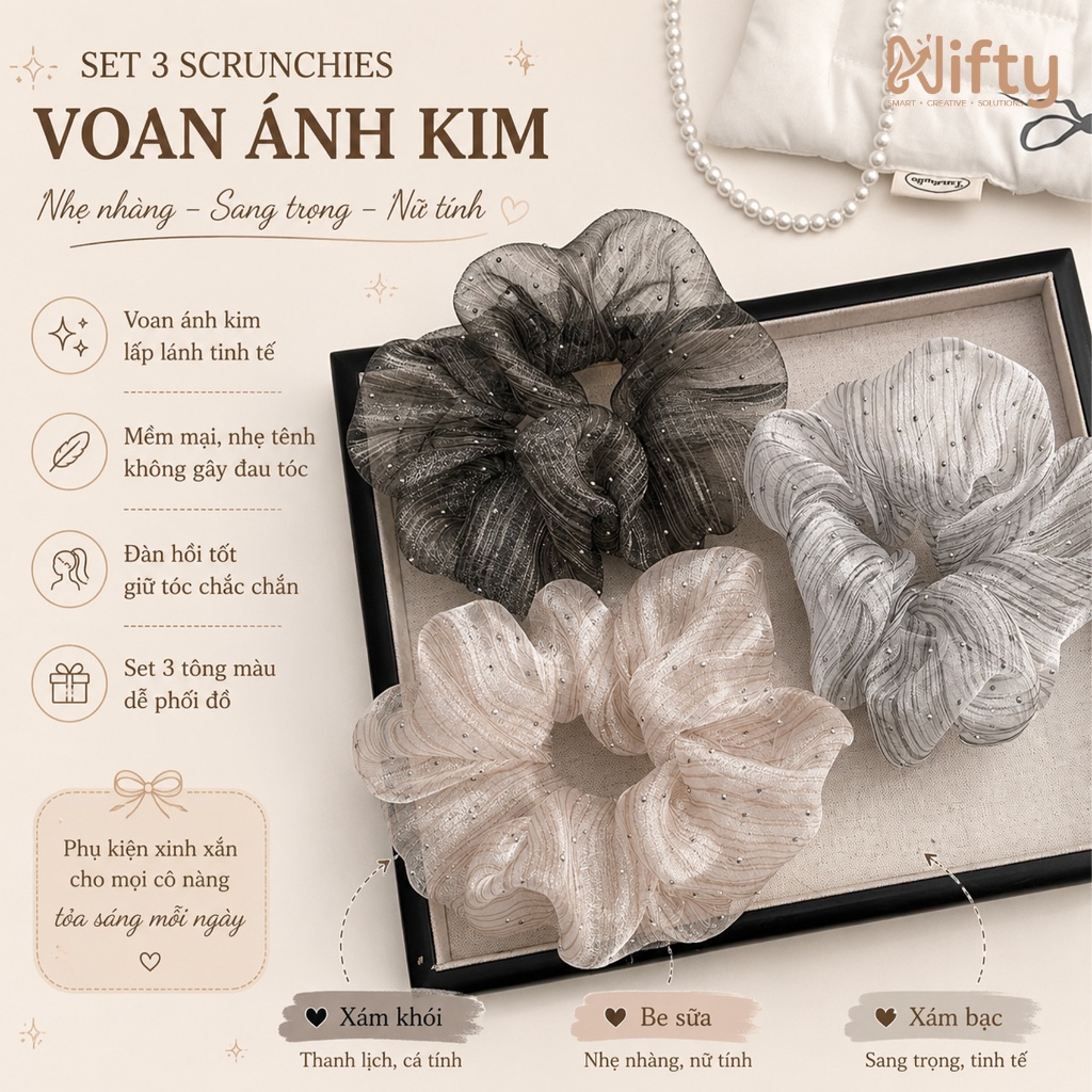 Dây Buộc Tóc Scrunchies Nifty Voan Ánh Kim, Chun Cột Tóc Nữ Tính Sang Trọng Lấp Lánh