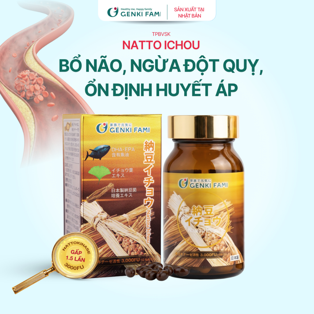 TPBVSK Phòng Ngừa Đột Quỵ, Bổ Não Nattokinase 3000FU Natto Ichou Genki Fami, Nhật Bản
