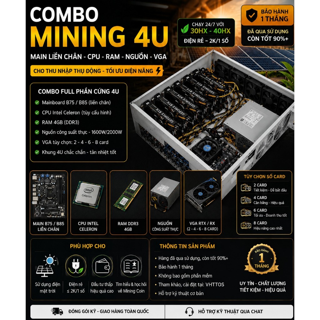 COMBO BỘ MINING 4U B75 B85 CPU CELERON RAM 4GB NGUỒN + VGA 30HX 40HX TÙY CHỌN 2 4 6 8 CARD