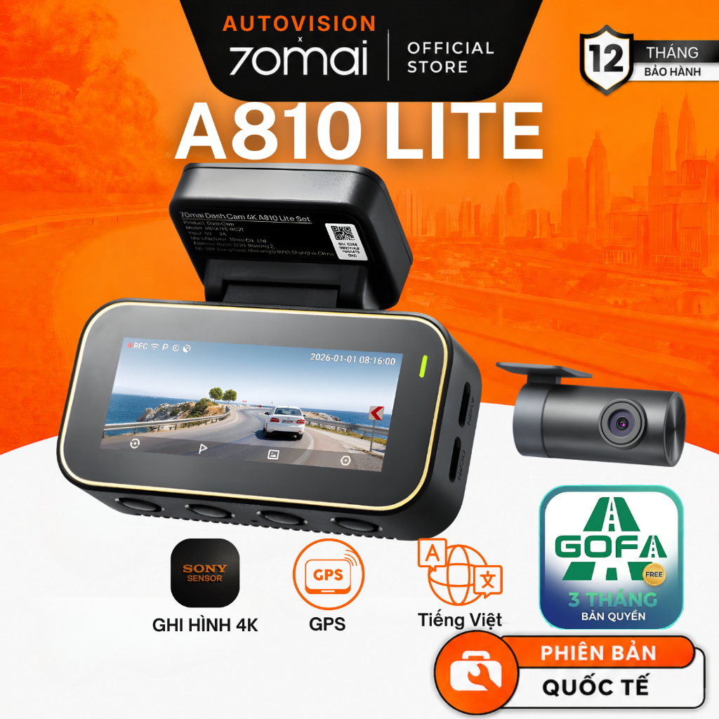 Camera hành trình 70mai A810 Lite, 4K HDR [TẶNG GOFA 3 THÁNG] - Bản quốc tế - Hỗ trợ Tiếng Việt - Ch
