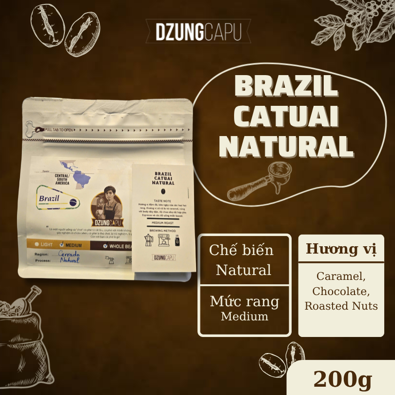 Cà phê Arabica Brazil - Giống Catuai - Gói 200g - Sơ chế Natural - DzungCapu Specialty Coffee