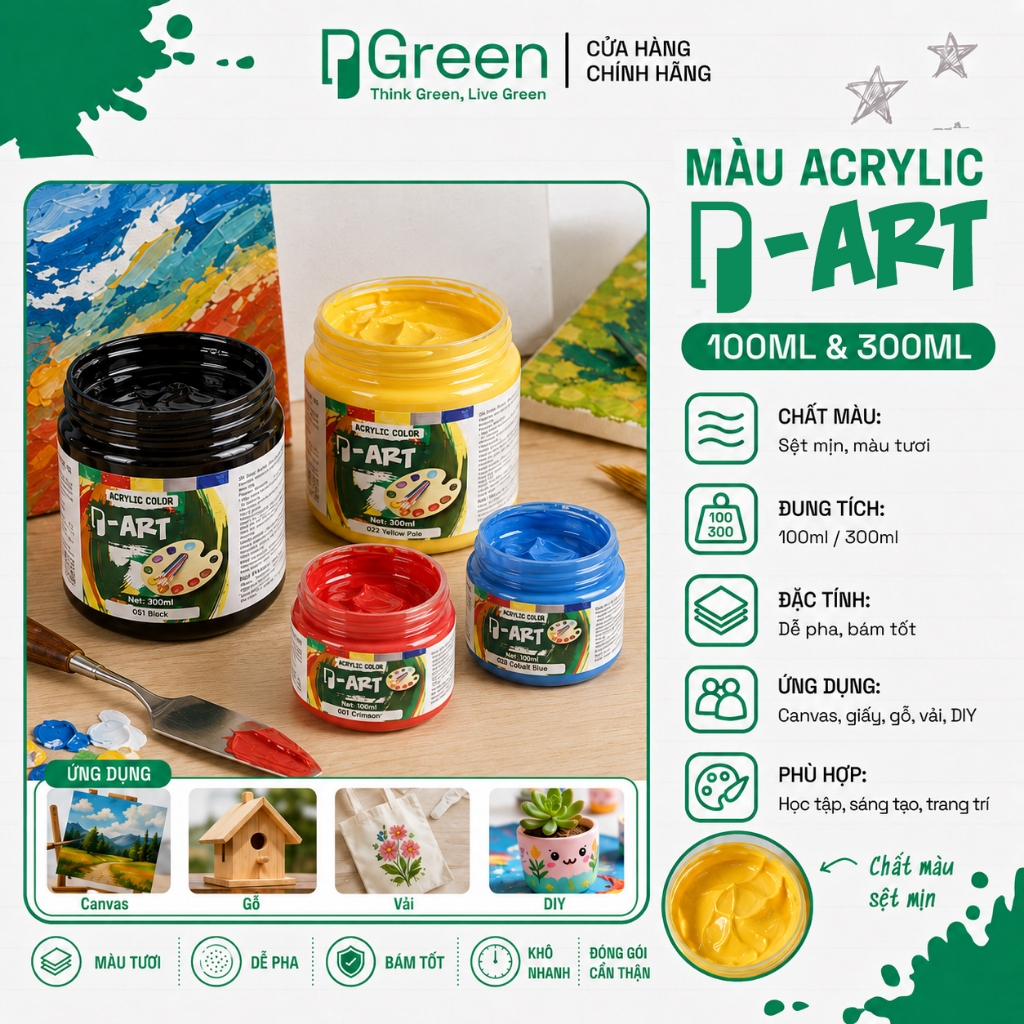 Màu Acrylic P-Art 100ml & 300ml – Không Formaldehyde, vẽ đa chất liệu, màu tươi, khô nhanh | PGREEN