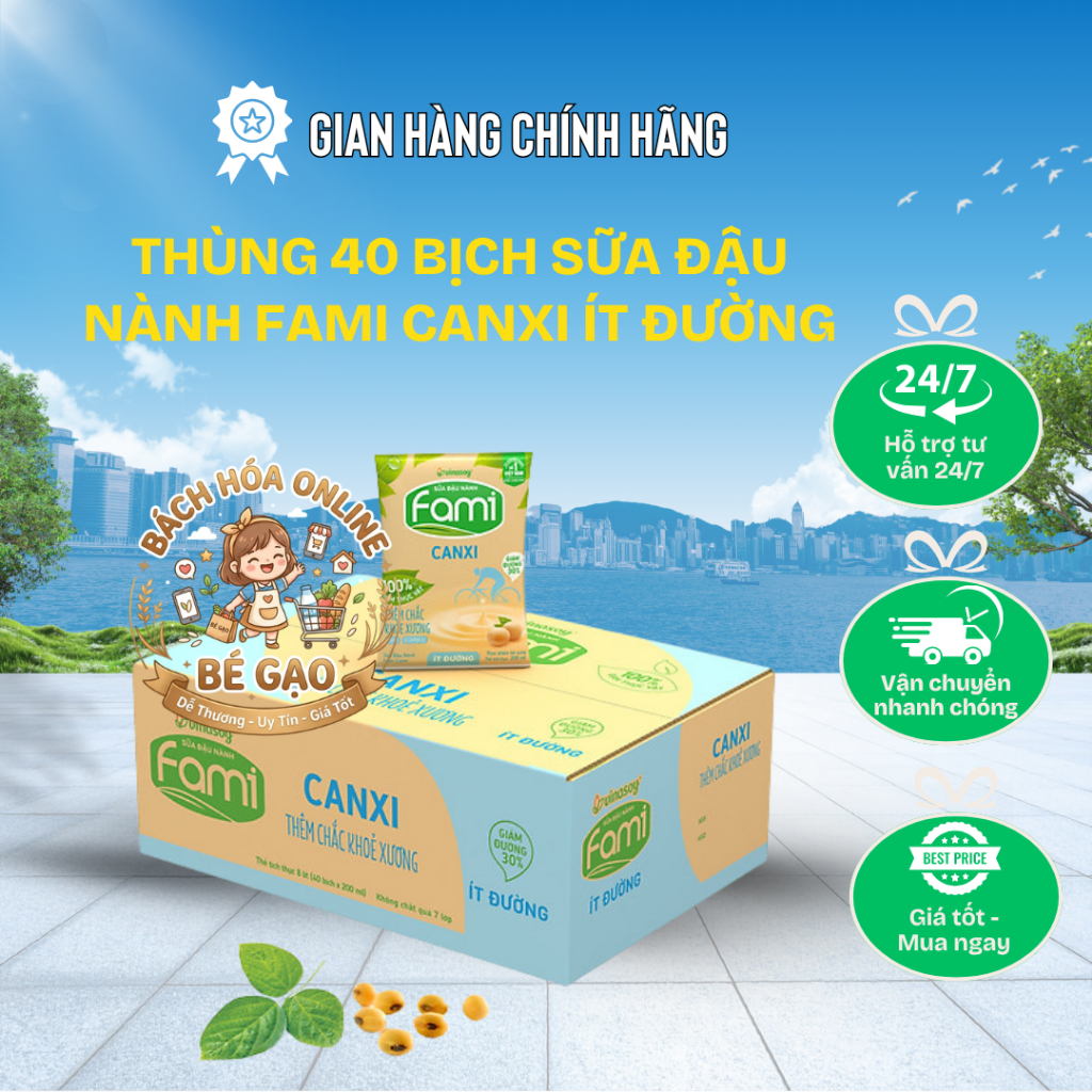 Thùng 40 Bịch Sữa Đậu Nành FAMI Canxi Ít Đường Bịch 200ml