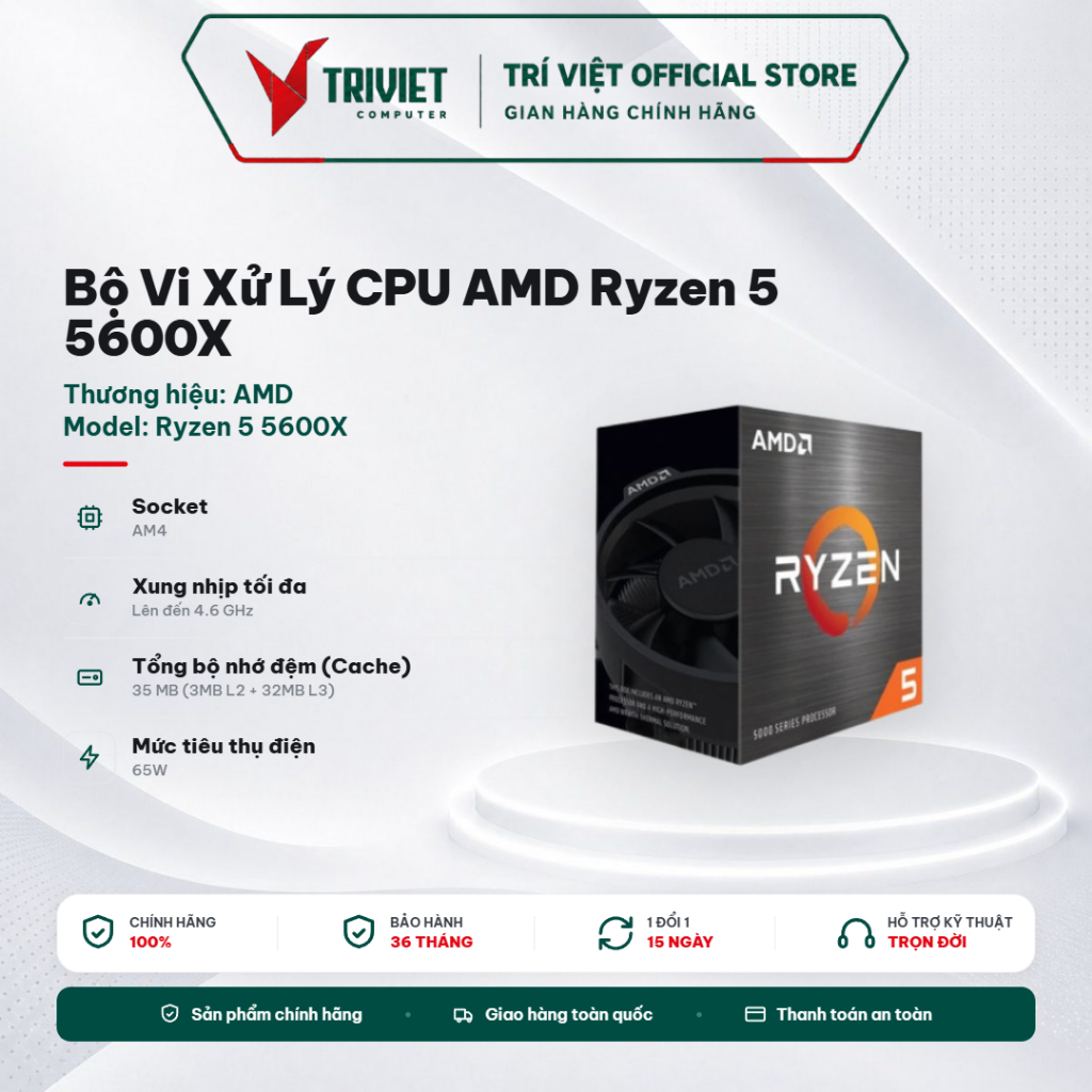 Bộ Vi Xử Lý CPU AMD Ryzen 5 5600X 6 Nhân 12 Luồng 4.6GHz 35MB Cache AM4 Kèm Wraith Stealth