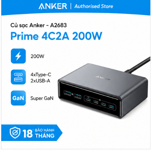 Củ sạc Anker Prime 4C2A 200W  - A2683 - Hàng chính hãng - Bảo hành 18 tháng