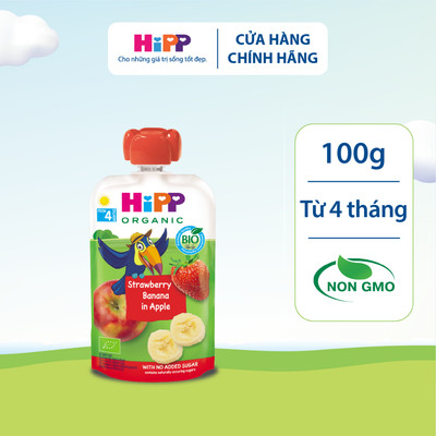 Dinh dưỡng 100% Trái cây nghiền Organic HiPPiS Dâu tây, Chuối, Táo 100g