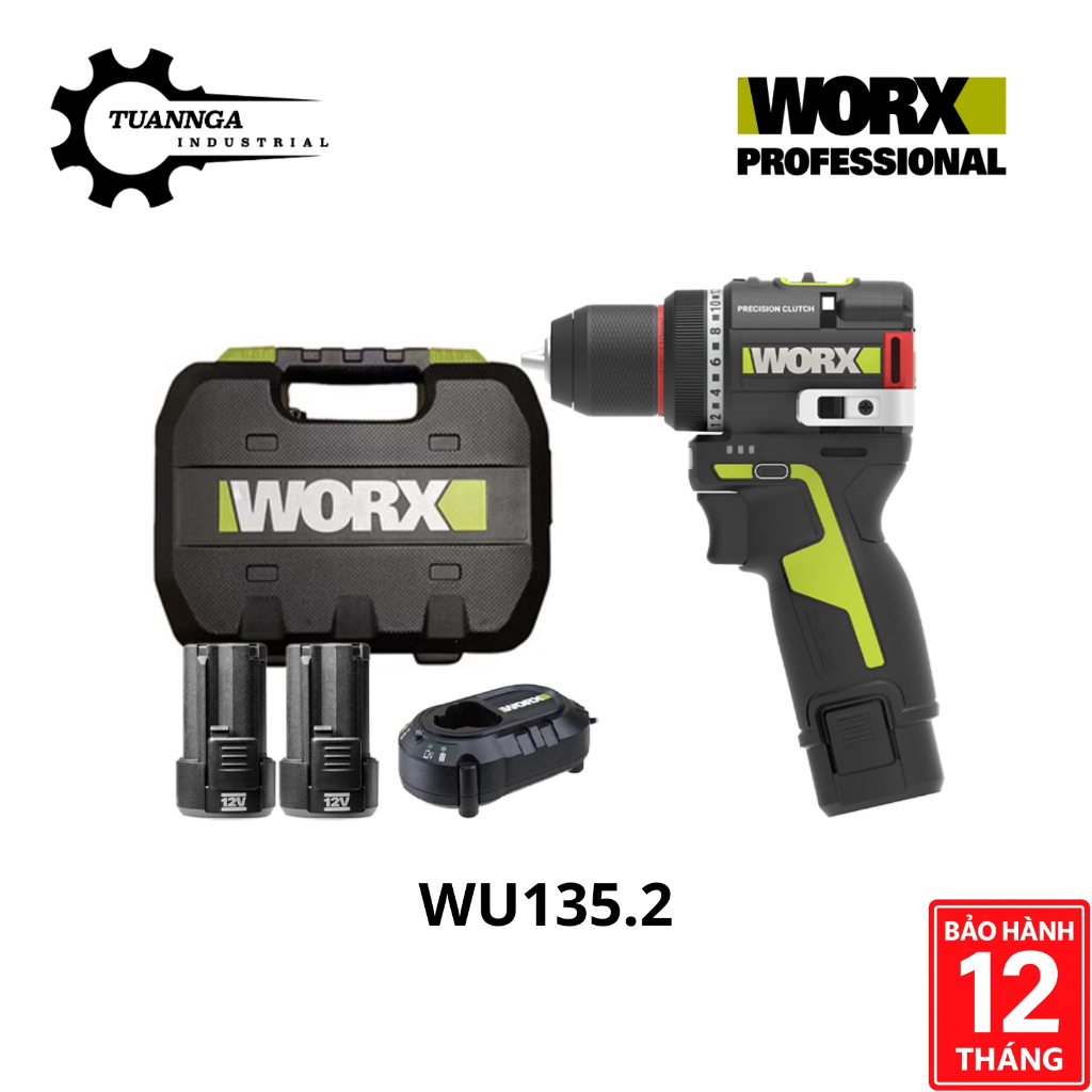 Máy Khoan Pin 12V Worx WU135.2 (Thân Máy + 02 Pin 2.0Ah + 01 Đế Sạc 1.5A), Chính Hãng - Bảo Hành 12 