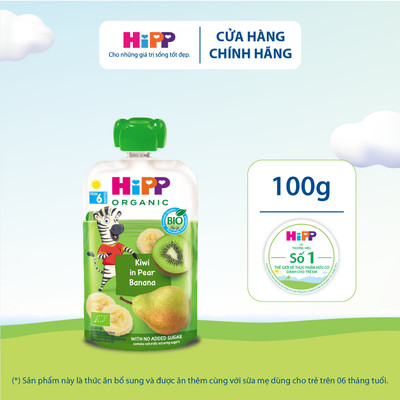 Dinh dưỡng 100% Trái cây nghiền Organic HiPPiS Kiwi, Lê, Chuối 100g, dành cho bé từ 6 tháng tuổi